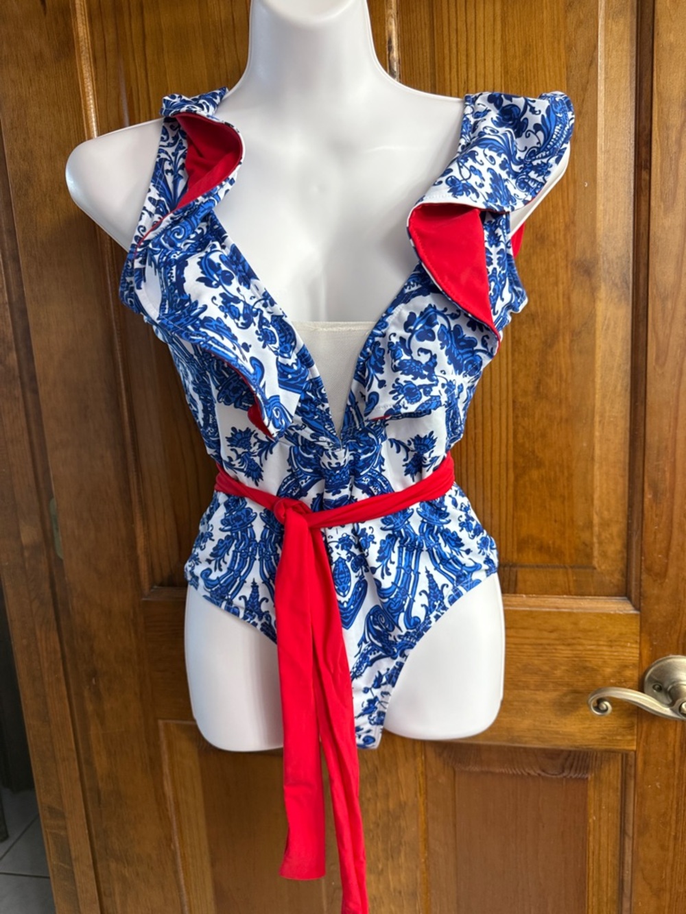 Kids Blue & Red Ruffle One-Piece Swimsuit